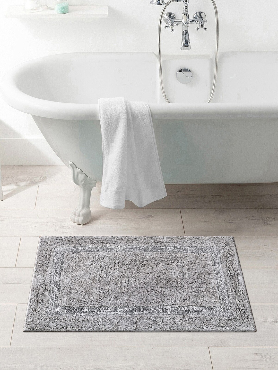 

OBSESSIONS Grey Solid Pure Cotton Ozen Anti-Skid Bath Rug