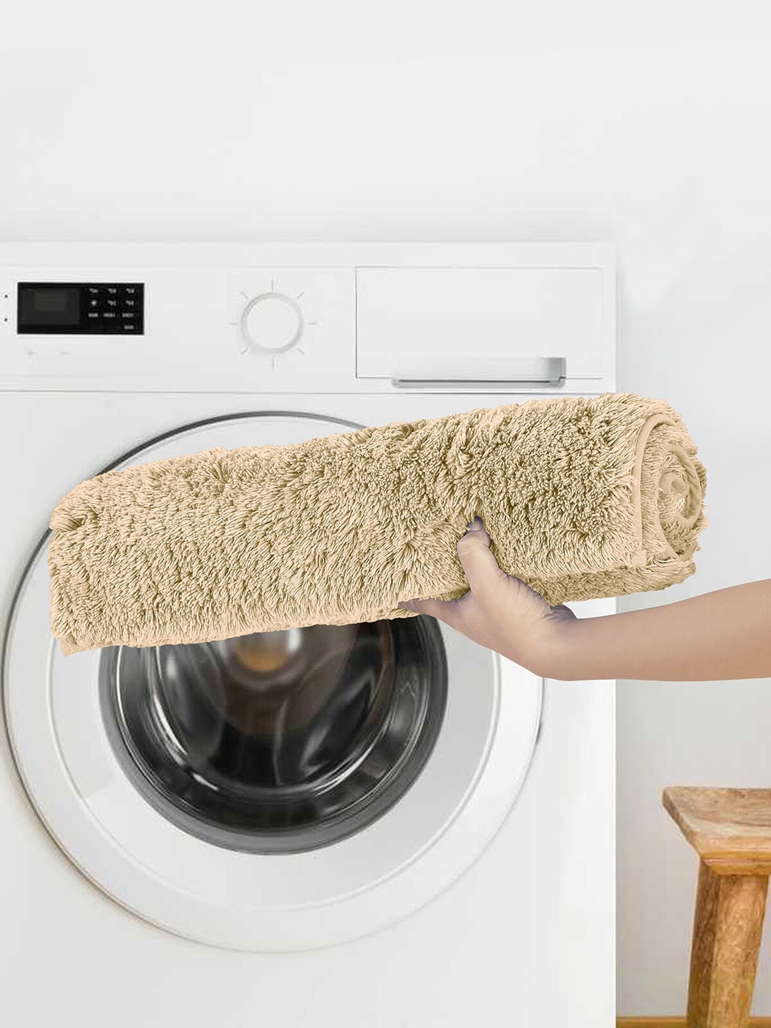 

OBSESSIONS Beige Solid Pure Cotton Anti-Skid Bath Rug