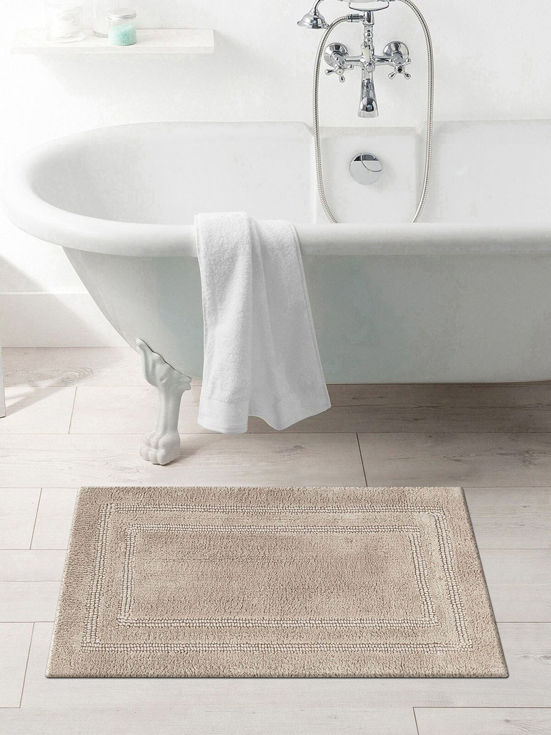 

OBSESSIONS Beige Solid Pure Cotton Casanova Anti-Skid Bath Rug