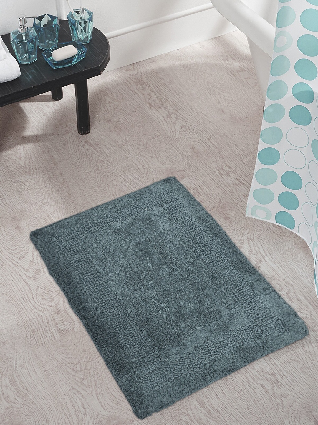 

OBSESSIONS Teal Blue Solid Affinity Pure Cotton Reversible Anti-Skid Bath Rug