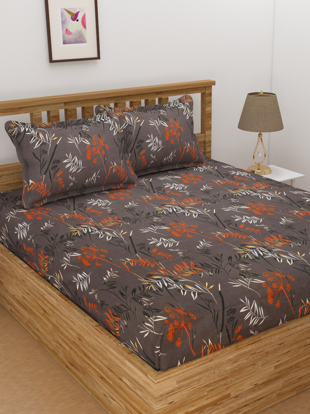 

Florida Grey & Orange Floral 144 TC Queen Bedsheet with 2 Pillow Covers
