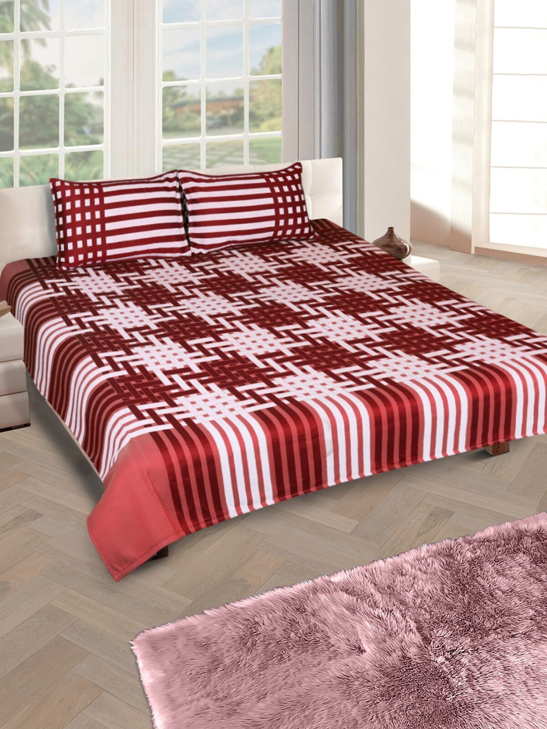 

ROMEE Maroon & White Striped 400 TC Double Queen Bed Cover With Two Pillow Covers