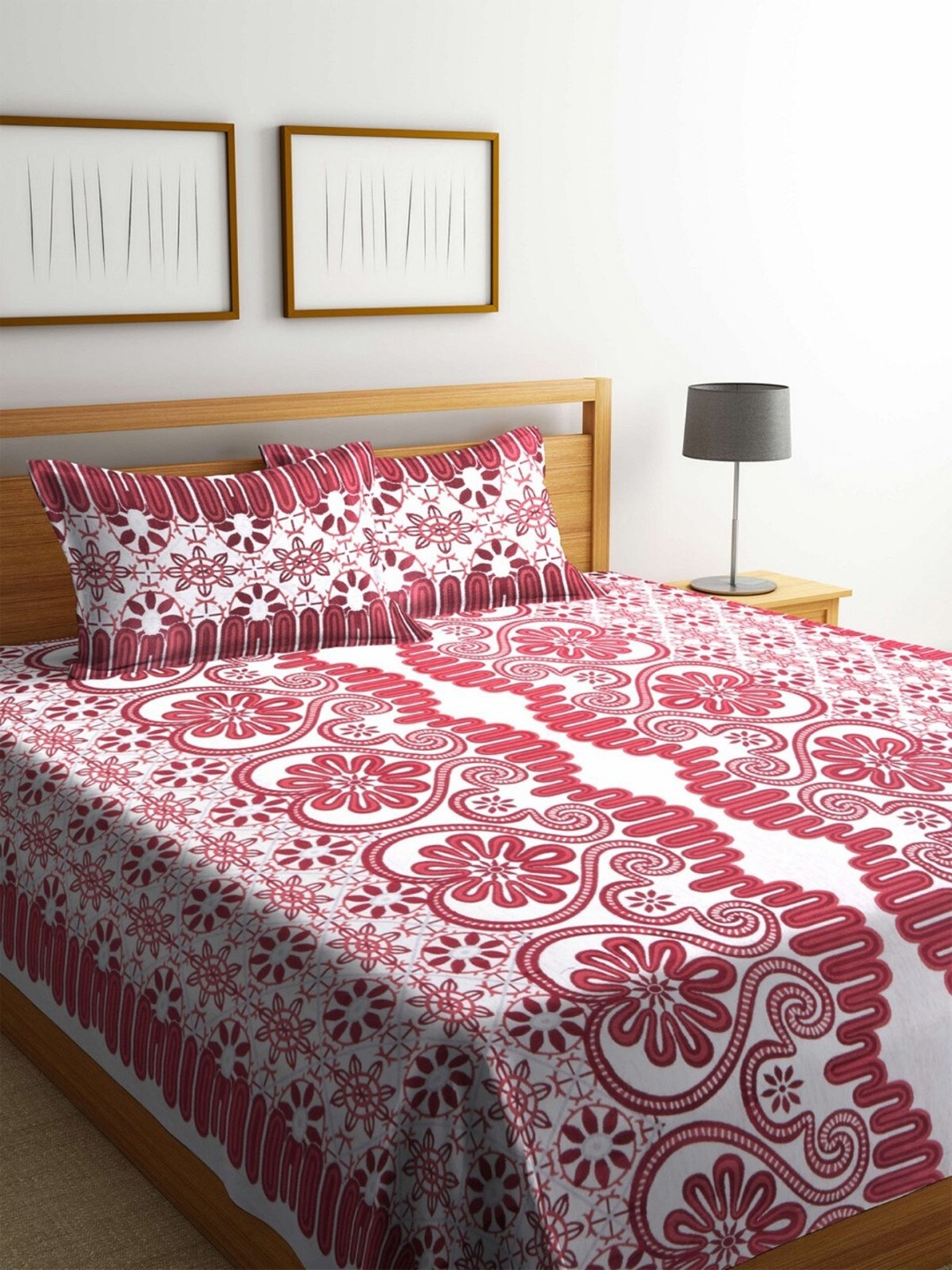 

ROMEE Red & White Ethnic Motifs 400 TC Queen Bedsheet with 2 Pillow Covers