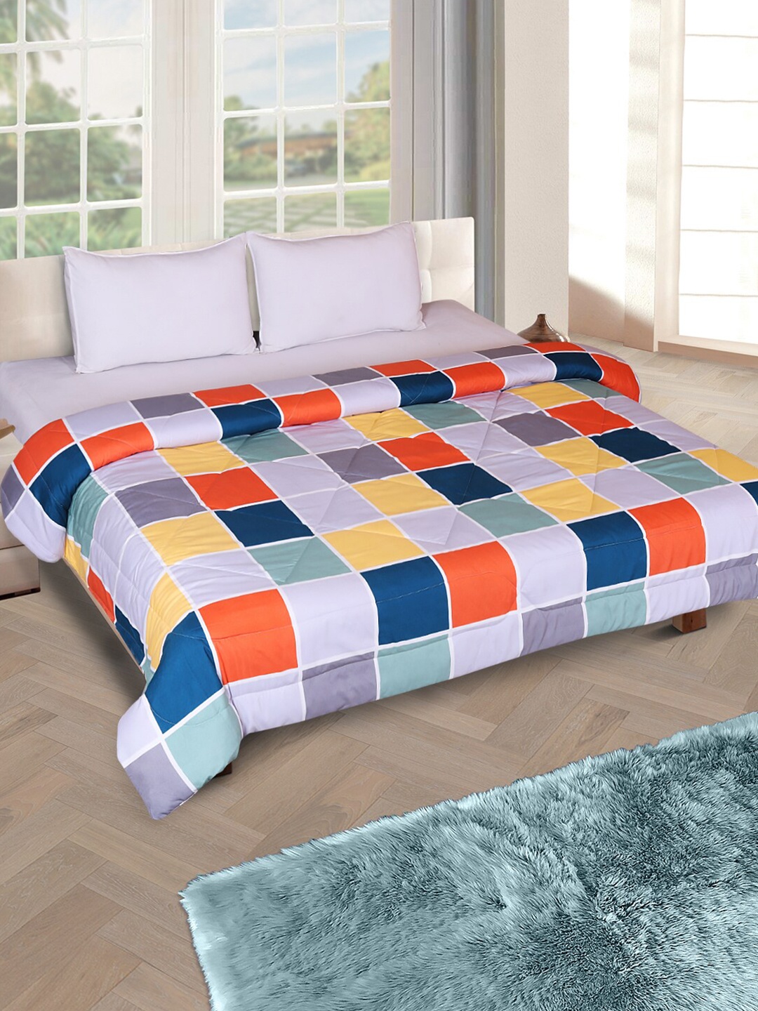

ROMEE Grey & Yellow Checked AC Room 150 GSM Double Bed Comforter