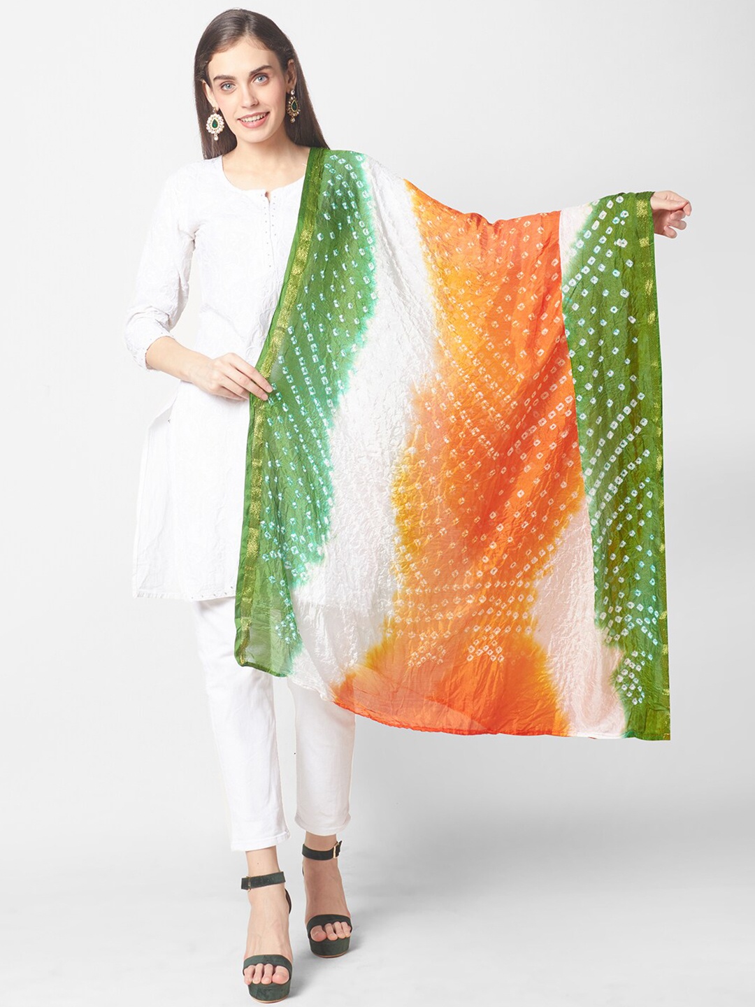 

Dupatta Bazaar Orange & Green Dyed Art Silk Bandhani Dupatta