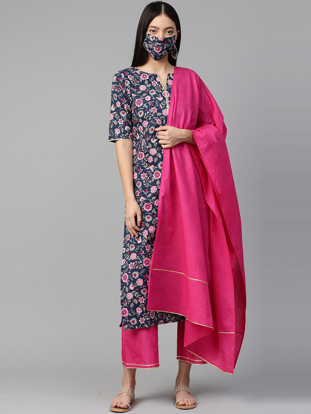 

Indo Era Women Blue Floral Printed Panelled Pure Cotton Kurti with Trousers & With Dupatta