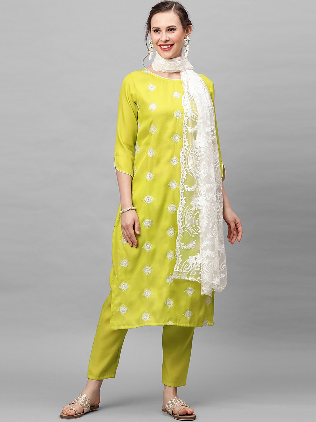 

Indo Era Women Lime Green Ethnic Motifs Embroidered Kurta with Trousers & With Dupatta