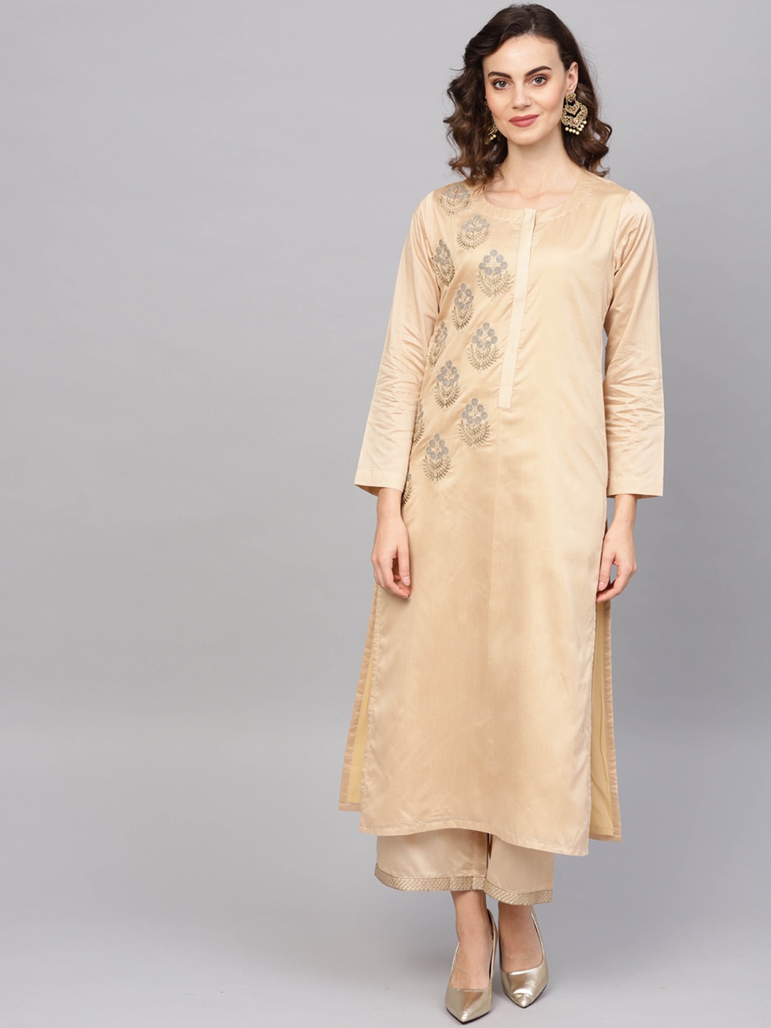

Indo Era Women Beige Ethnic Motifs Embroidered Kurta with Palazzos