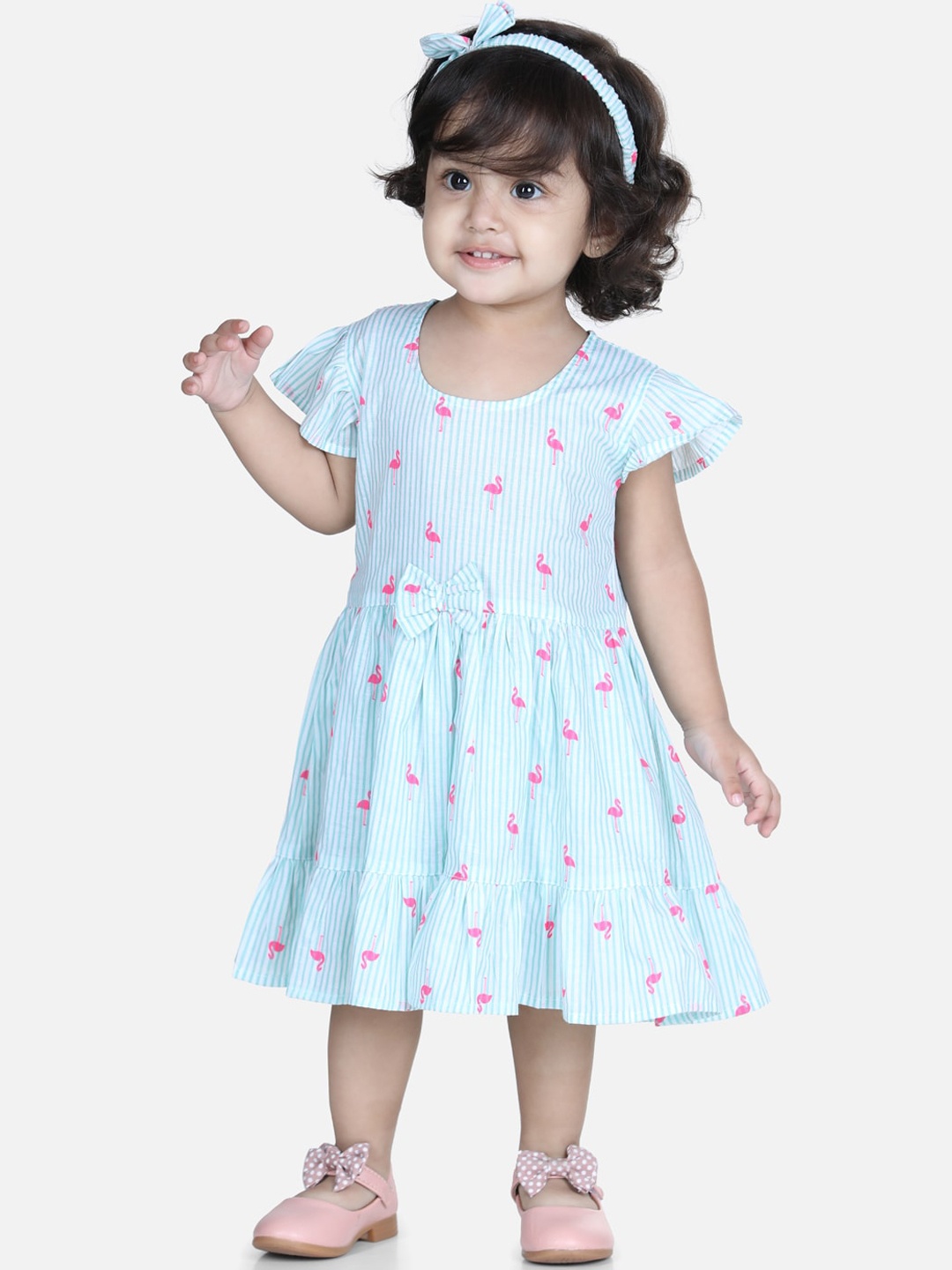 

BownBee Infant Blue Striped Dress with Bloomer and Hair-band, White