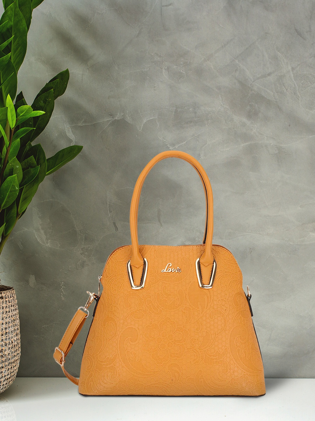 

Lavie Ketaminepro Women Yellow Textured Structured Medium Satchel Handbag
