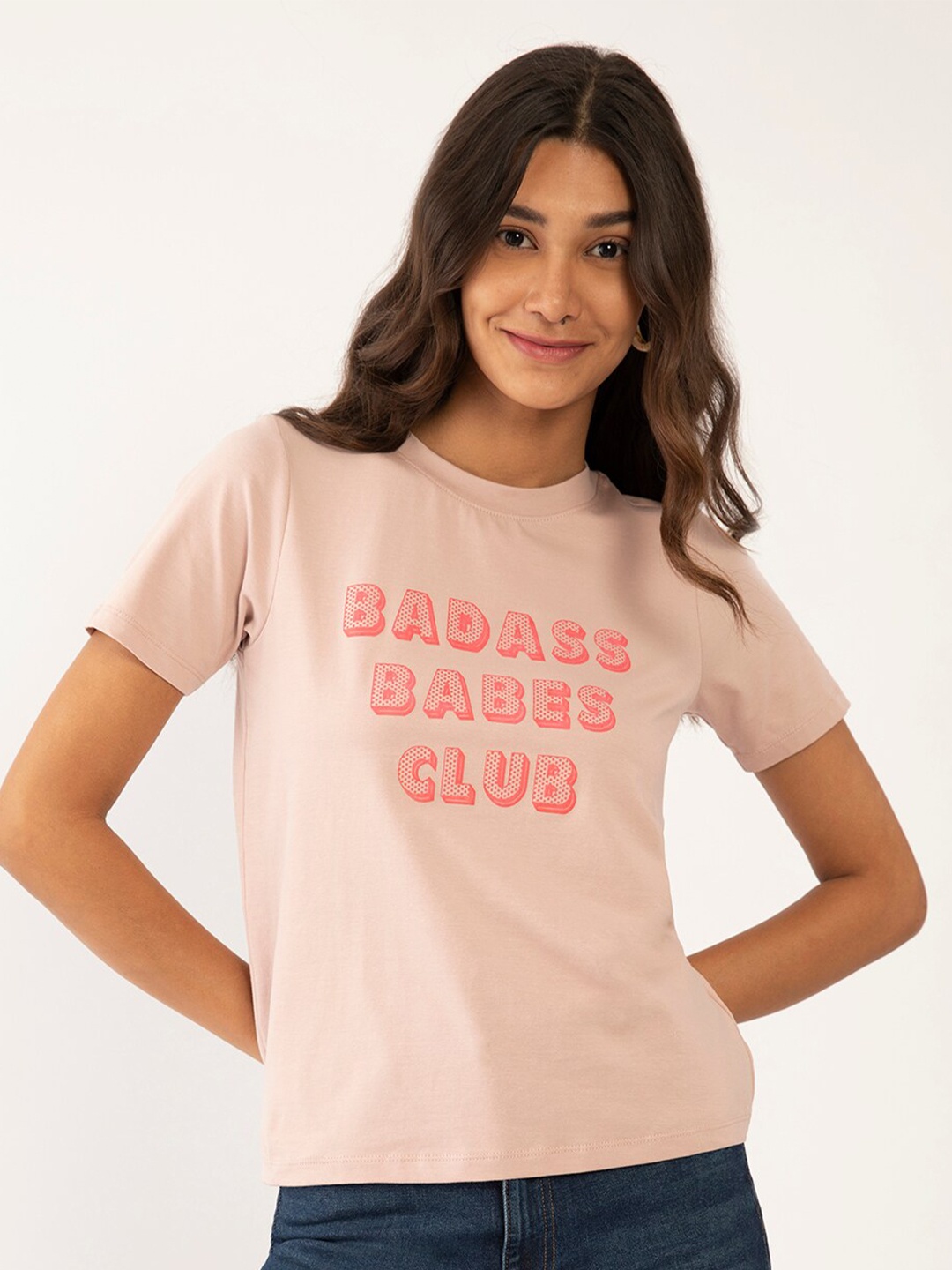 

Zink London Women Peach-Coloured Typography Printed V-Neck T-shirt