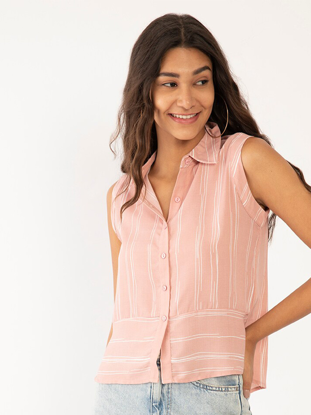 

Zink London Peach-Coloured Striped Shirt Style Top