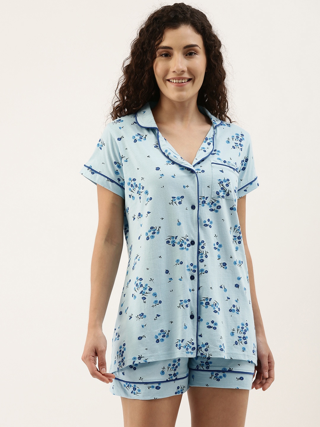 

Slumber Jill Women Blue Printed Comfort Fit Pure Cotton Night suit FS-111