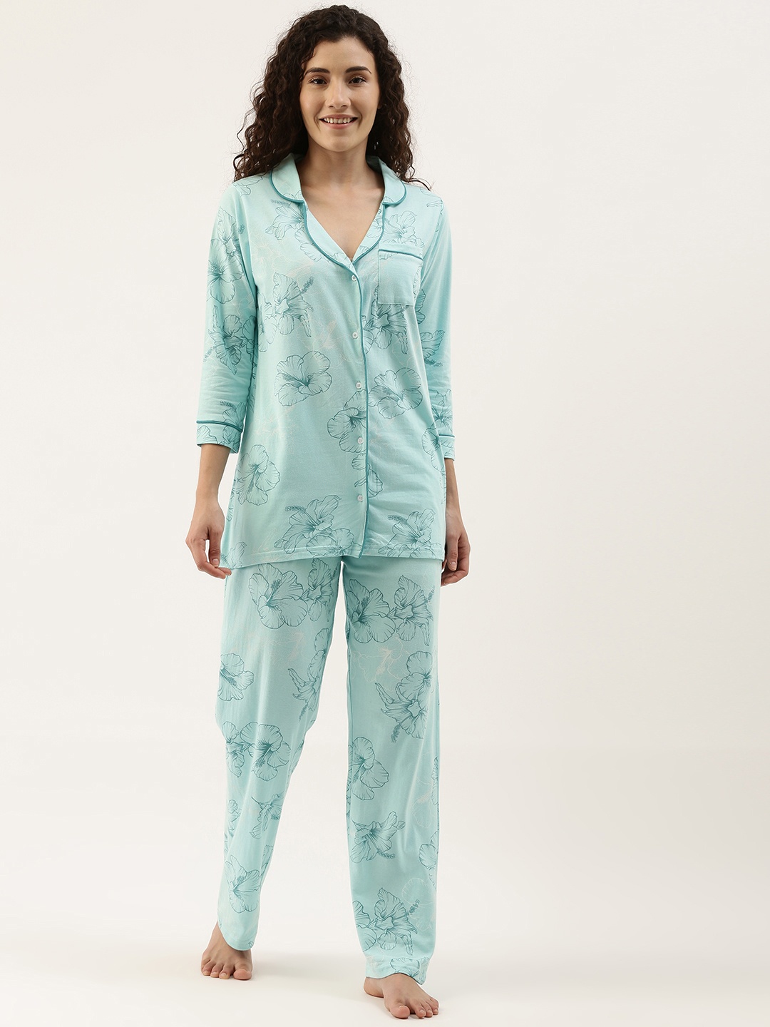 

Slumber Jill Women Sea Green Printed Comfort Fit Pure Cotton Night suit FS-099