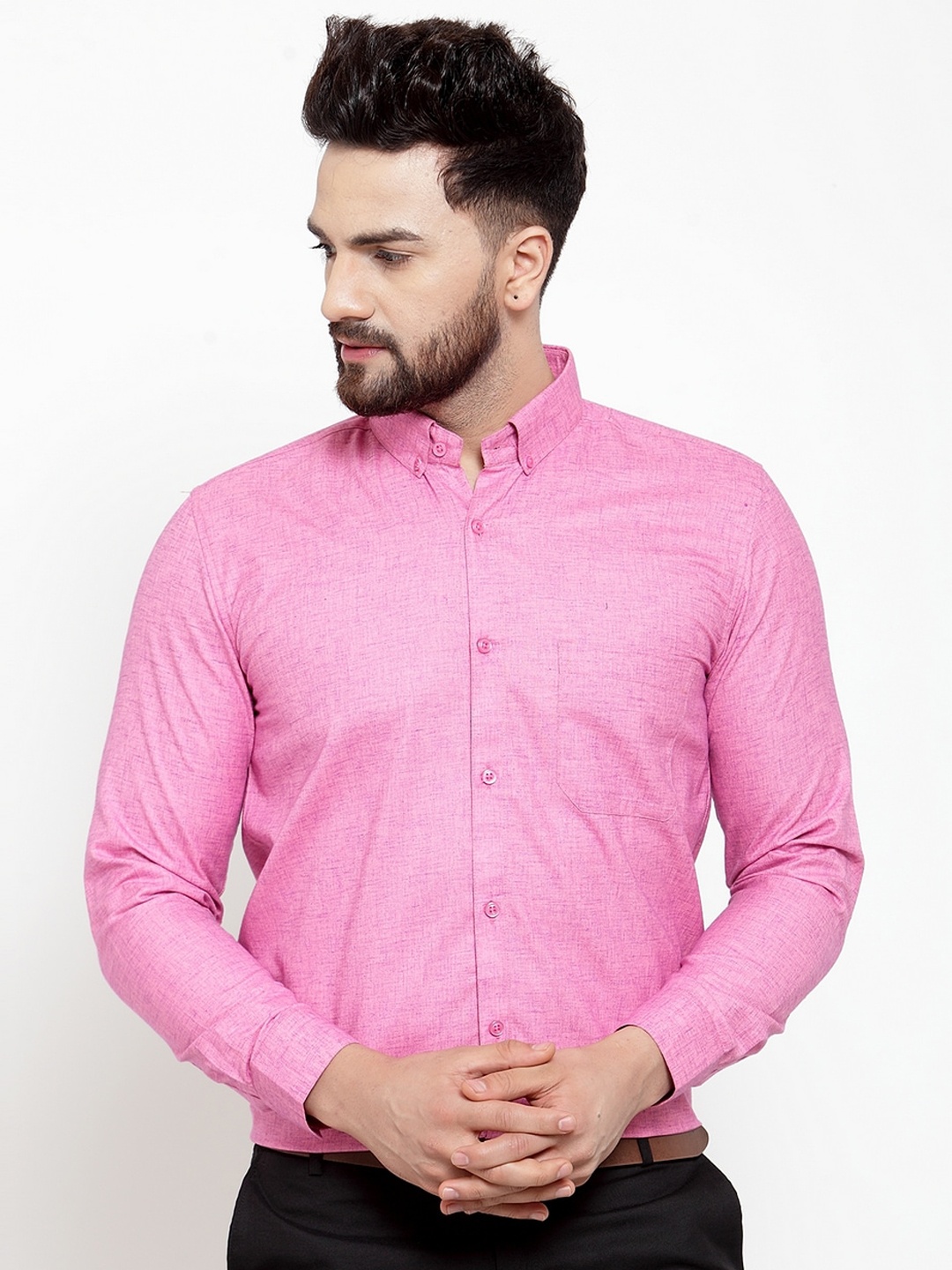 

JAINISH Men Pink Self Textured Button-Down Collar Cotton Formal Shirt