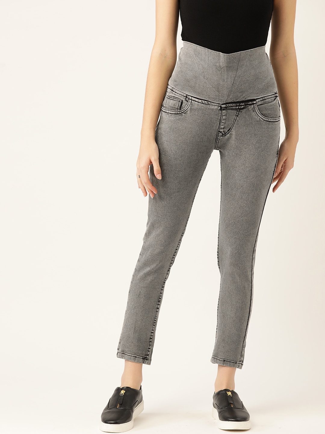 

PARIS HAMILTON Women Grey Solid High-Waist Heavy Washed Tummy Tucker Plus Size Jeggings
