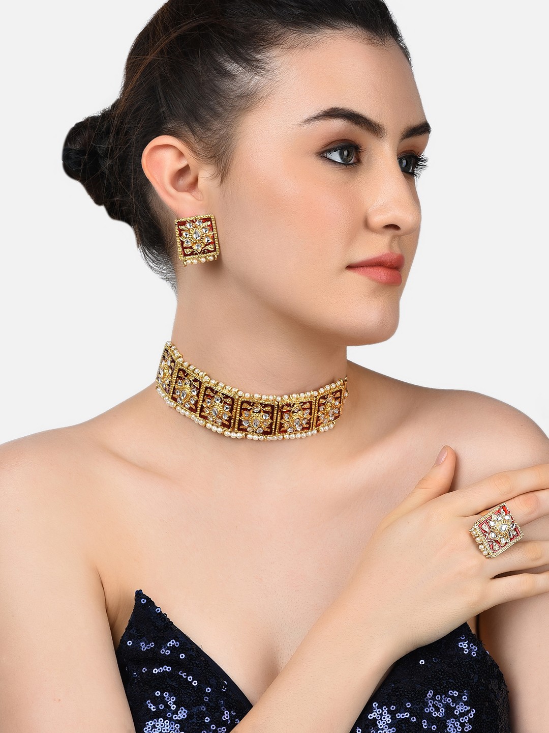 

Zaveri Pearls Gold-Plated Red & White Kundan-Studded & Beaded Meenakari Jewellery Set