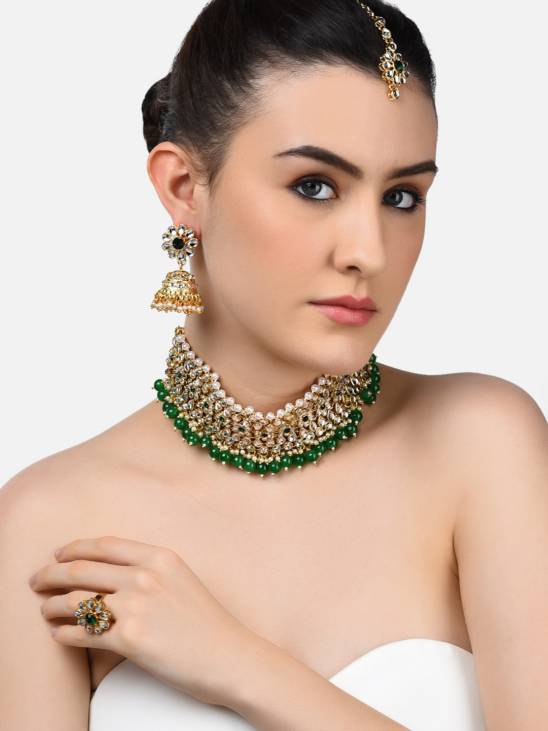 

Zaveri Pearls Gold-Plated White & Green Stone-Studded & Beaded Jewellery Set