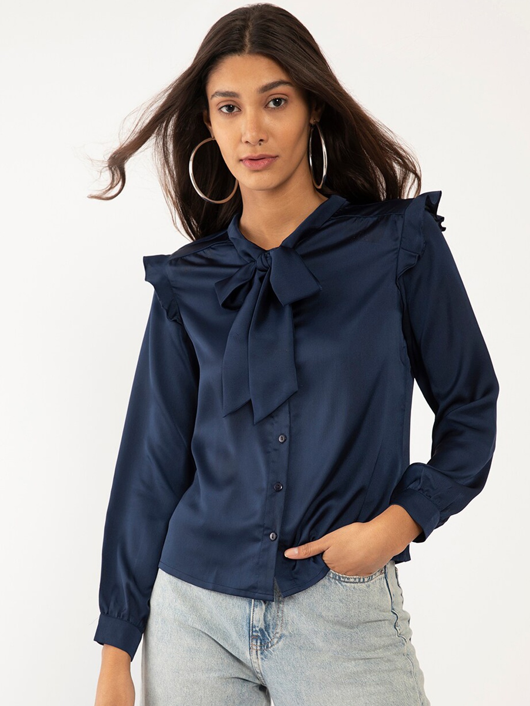 

Zink London Blue Tie-Up Neck Shirt Style Top