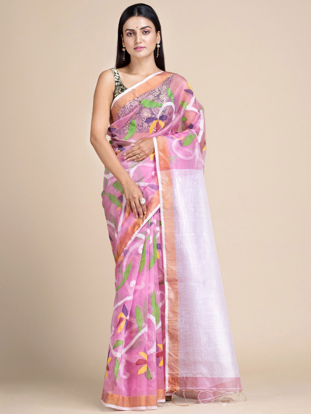 

Mitera Pink & White Floral Pure Silk Jamdani Saree