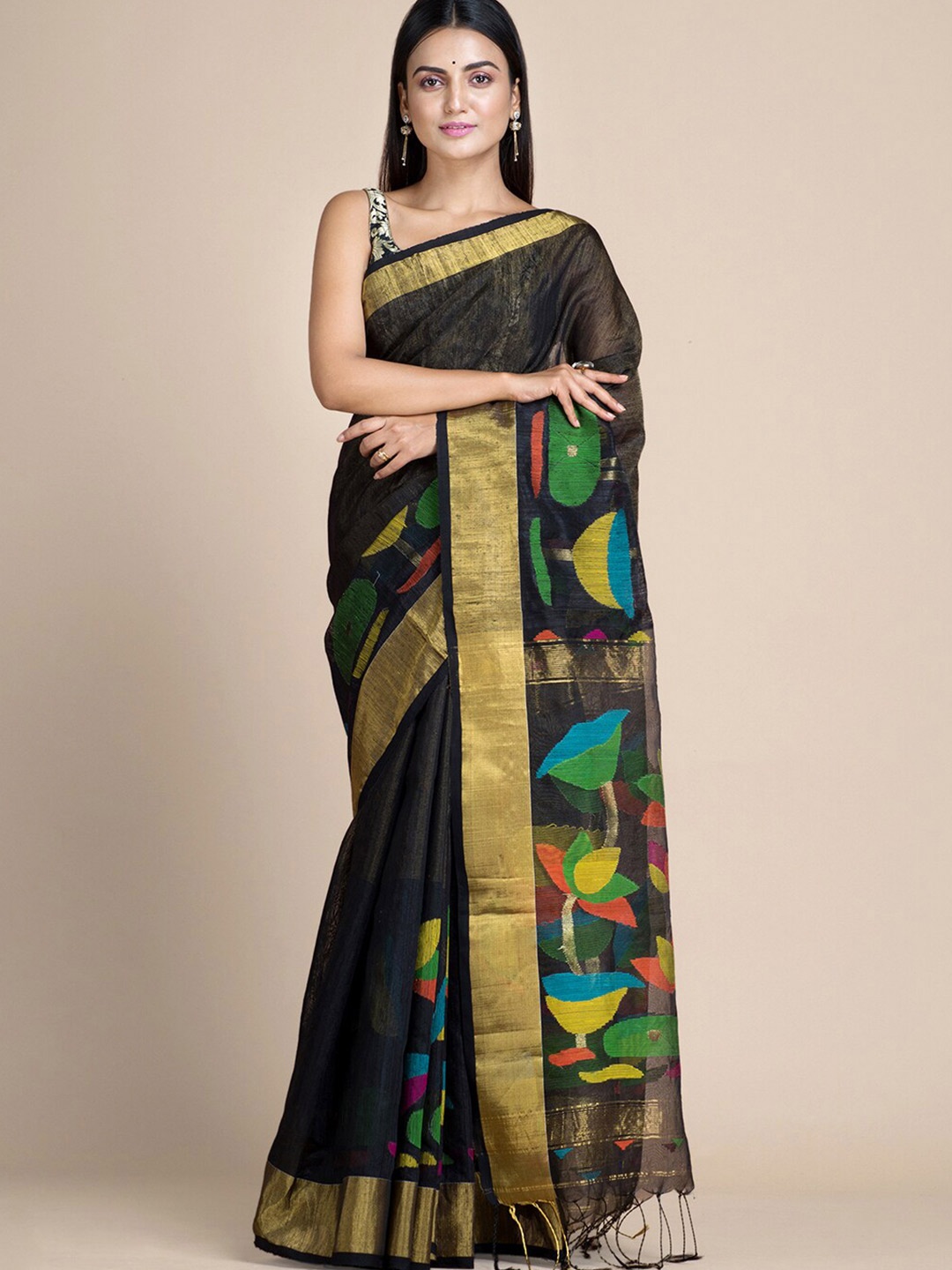 

Mitera Black & Green Floral Pure Silk Jamdani Saree