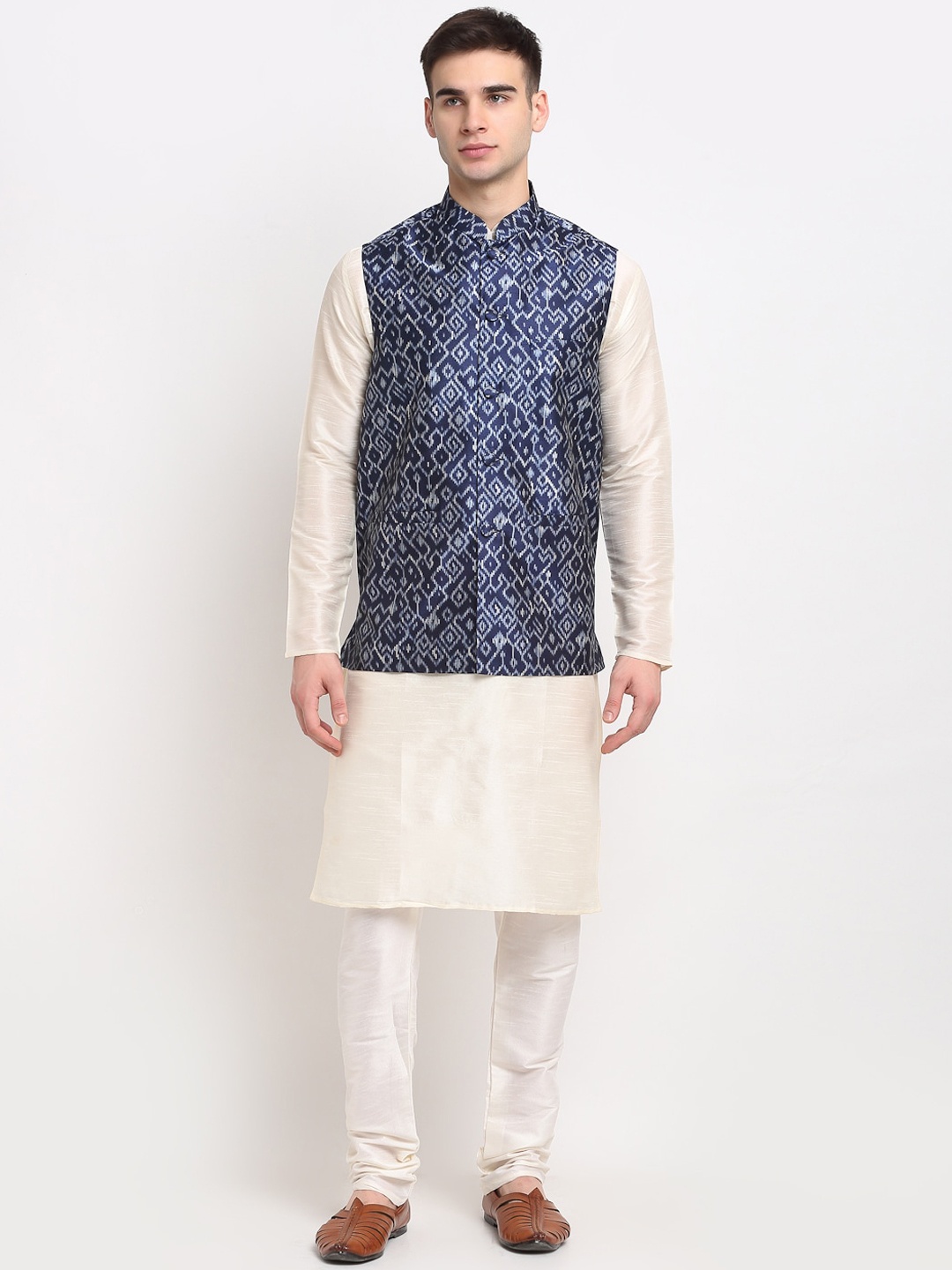 

Jompers Men Off White Printed Layered Kurta with Churidar