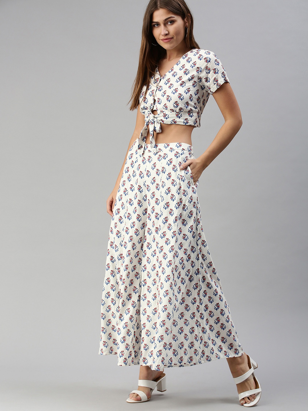 

Global Desi White & Blue Printed Two-Piece
