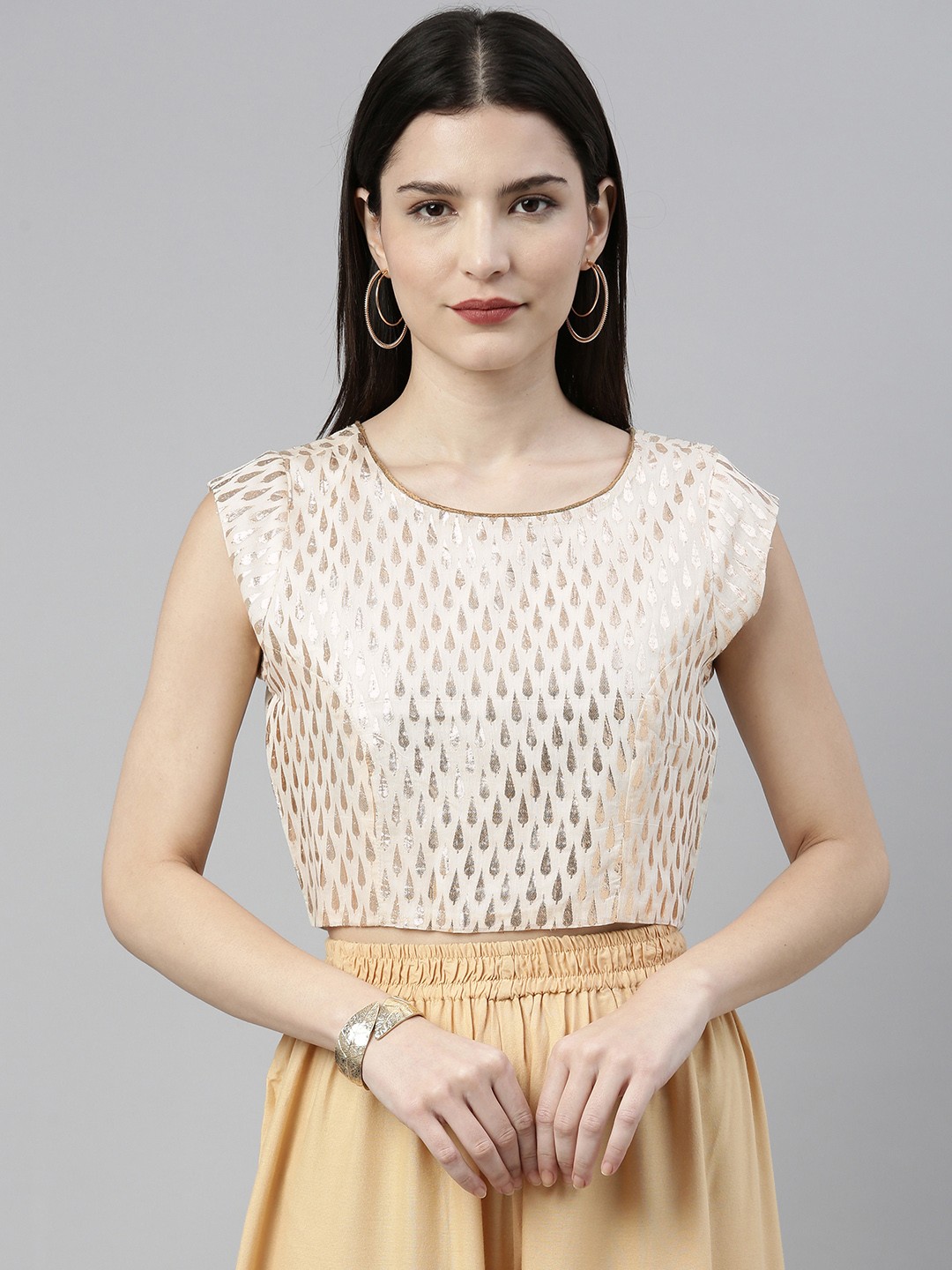 

Global Desi Women Off White & Gold-Toned Woven Design Crop Top