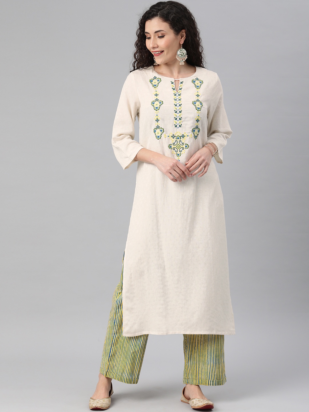 

Global Desi Women Beige & Green Ethnic Motifs Yoke Design Thread Work Kurta with Palazzos