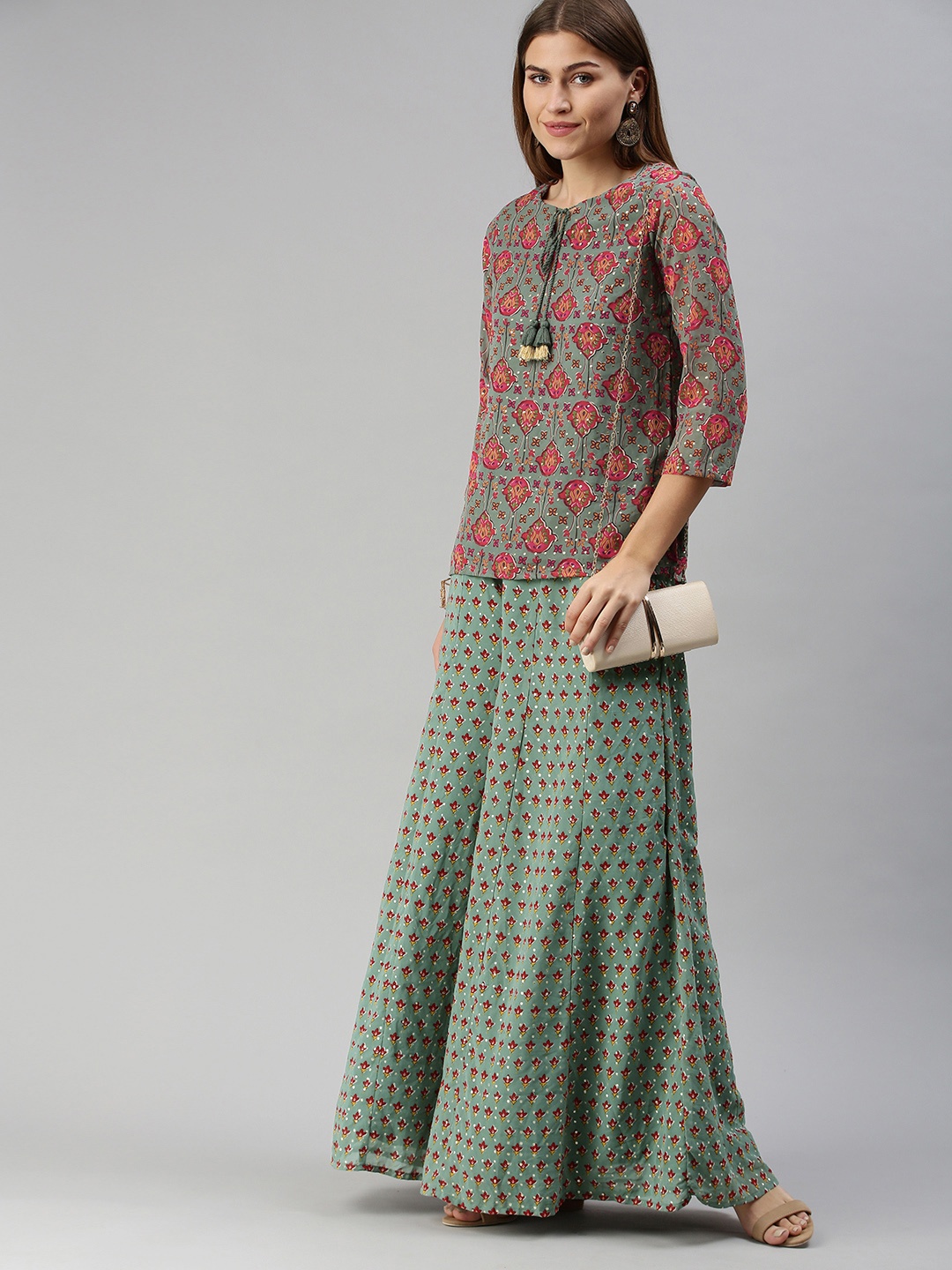 

Global Desi Teal Green & Red Printed Two-Piece