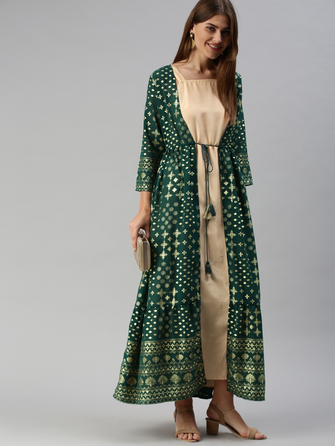 

Global Desi Green & Gold-Toned Ethnic Motifs Layered Ethnic A-Line Maxi Dress
