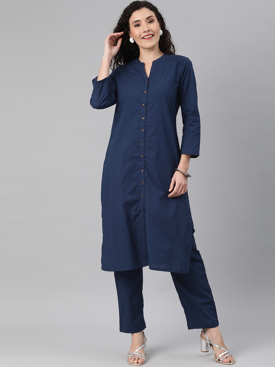 

Global Desi Women Navy Blue Pure Cotton Self-Design Kurta with Trousers