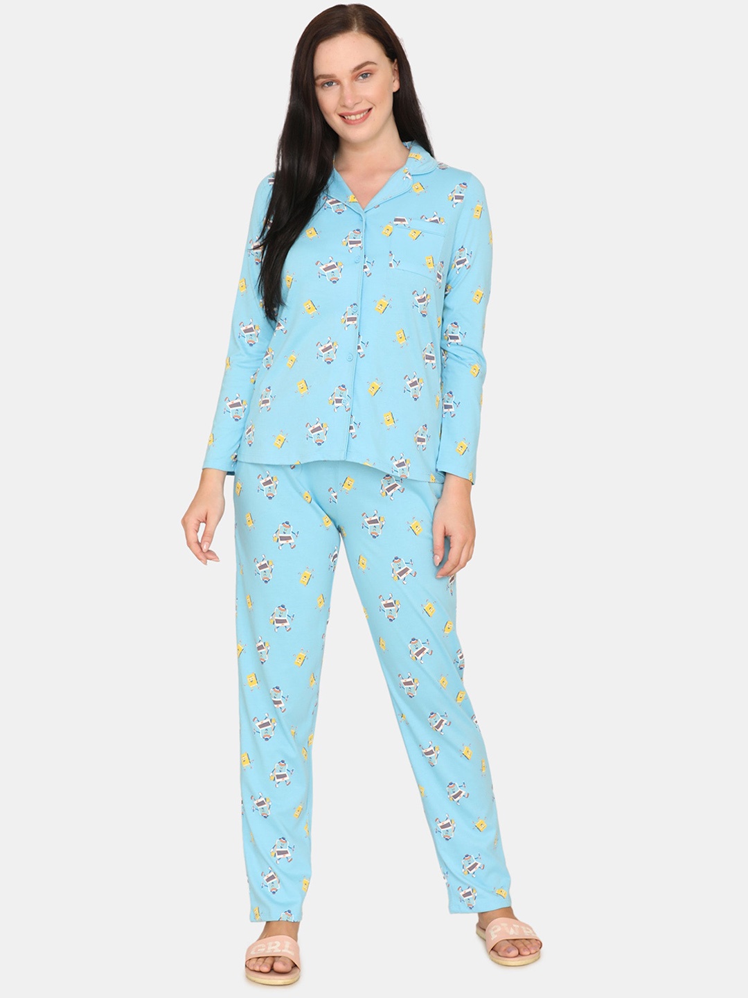 

Zivame Women Blue & Yellow Printed Night suit