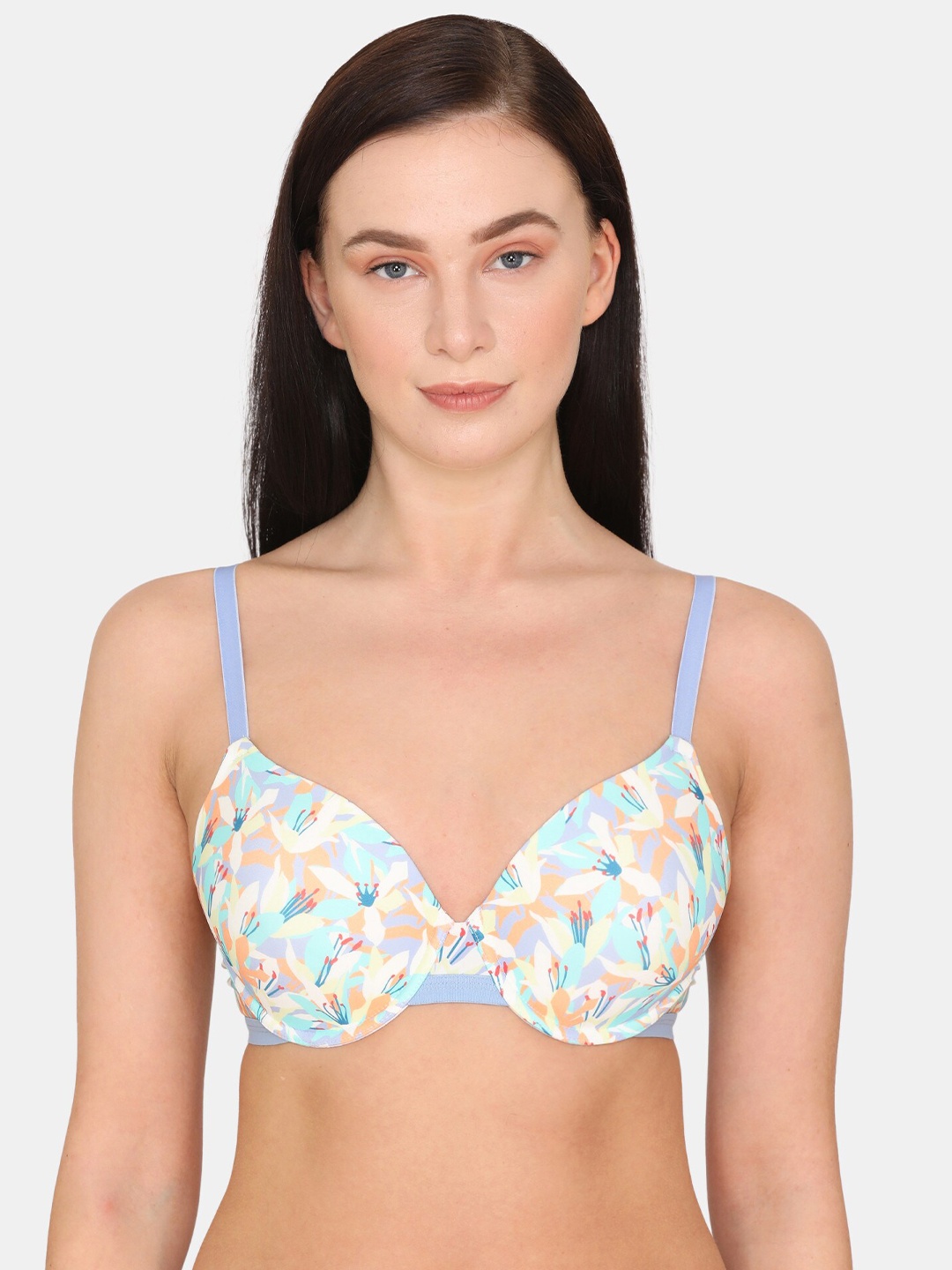 Zivame Blue & Grey Floral T-shirt Bra - Medium Coverage Underwired Lightly Padded