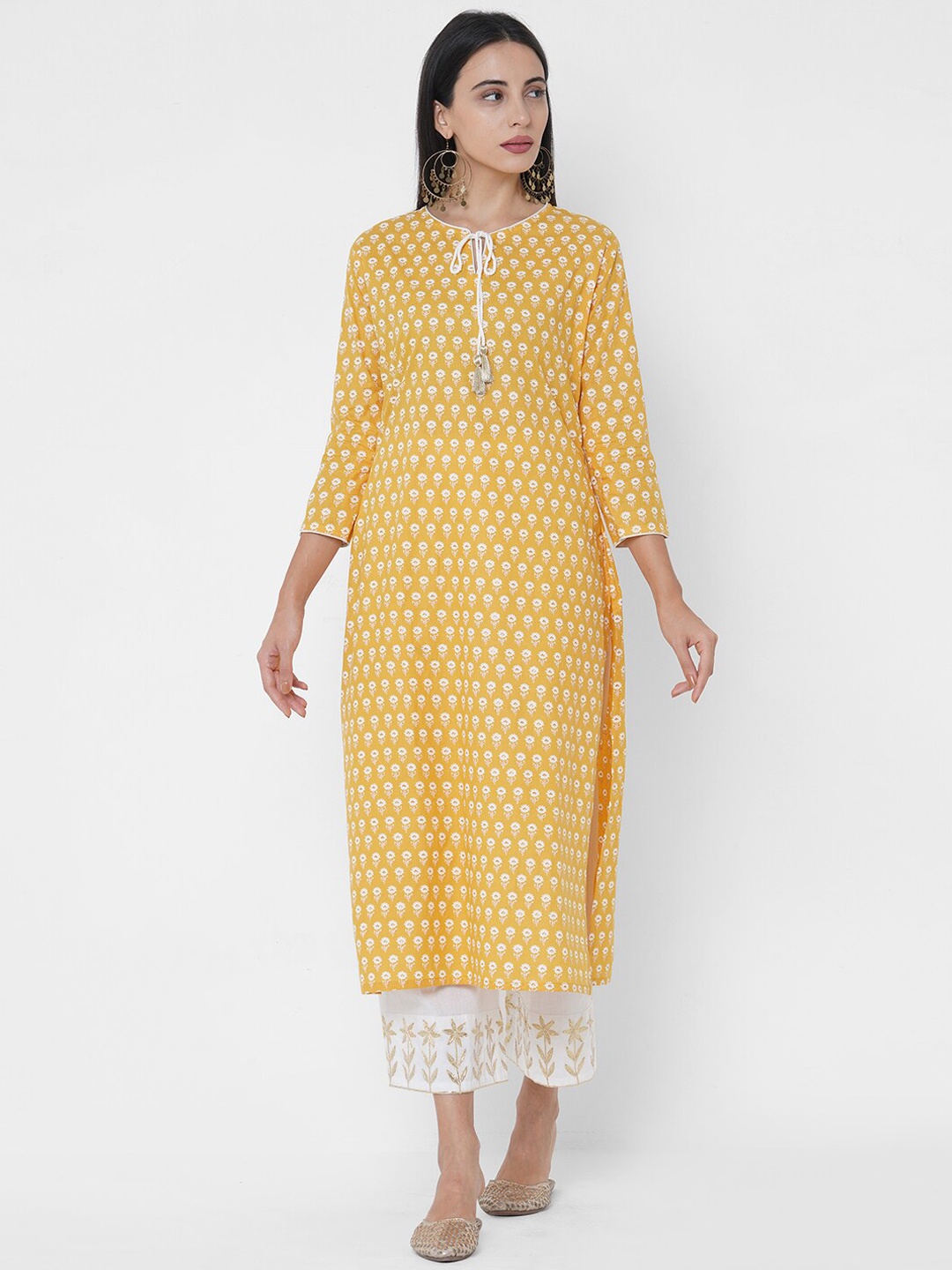 

FASHOR Women Yellow Floral Printed Pure Cotton Kurta with Palazzos