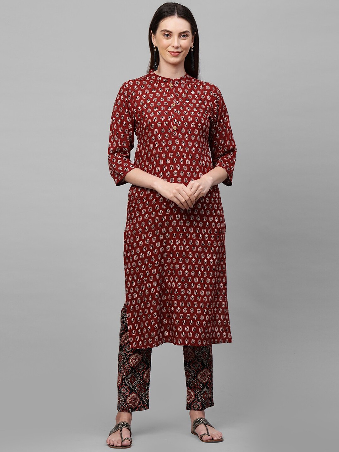 

FASHOR Women Maroon Floral Printed Kurta with Trousers