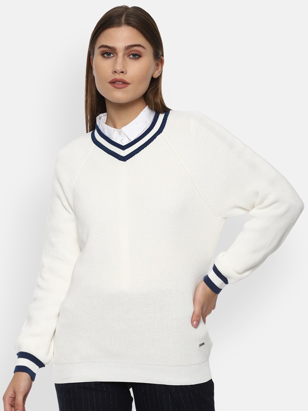 

Van Heusen Woman White & Blue Ribbed Pullover