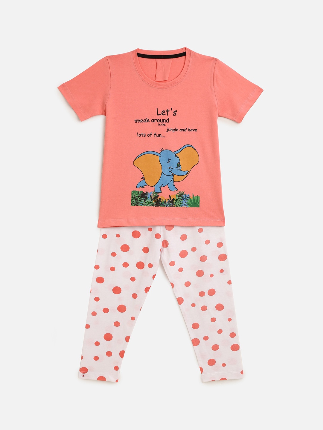 

KIDSCRAFT Girls Peach-Coloured & White Printed Cotton Night Suit