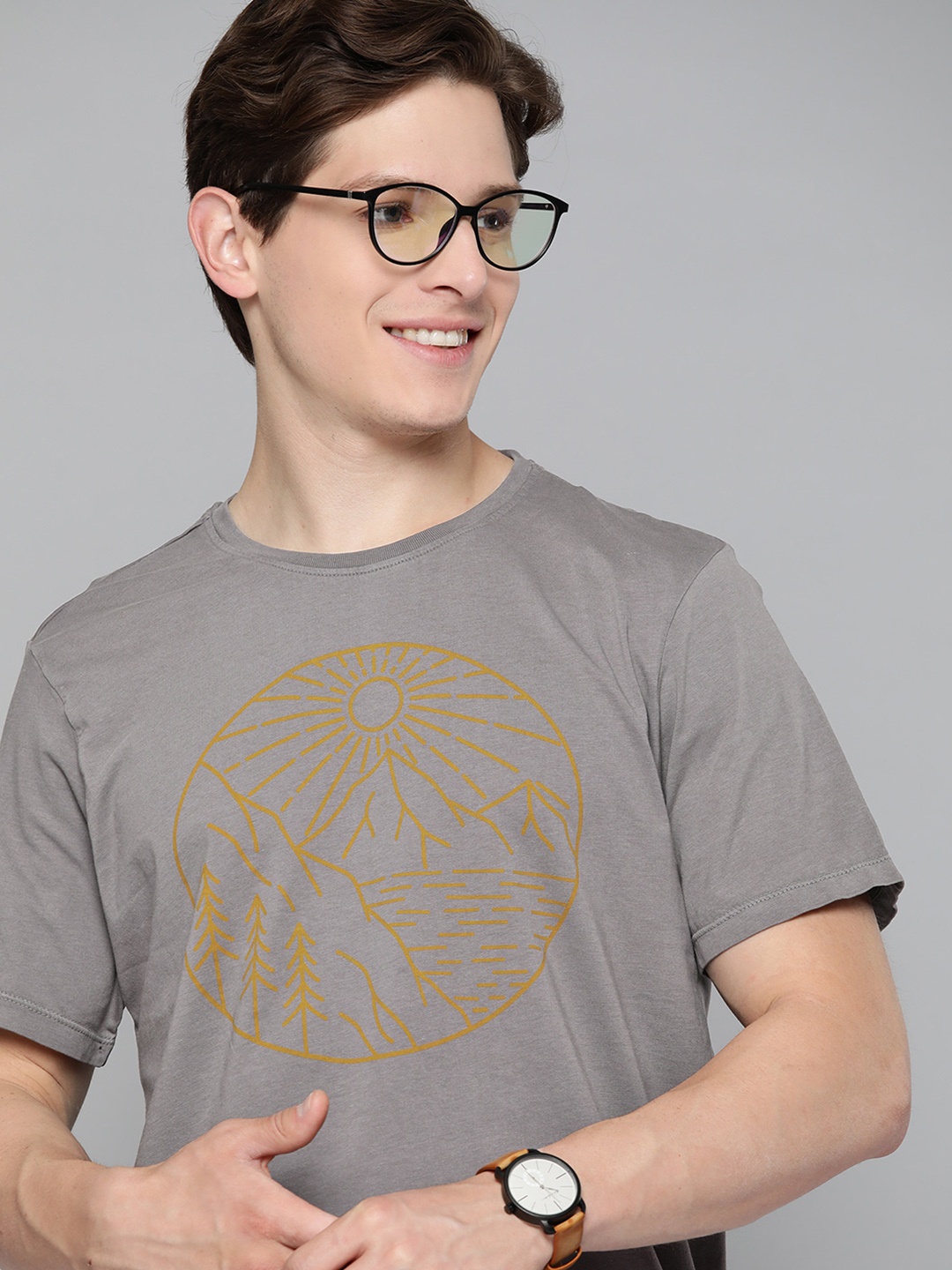 

Mast & Harbour Men Taupe & Mustard Yellow Pure Cotton Printed T-shirt