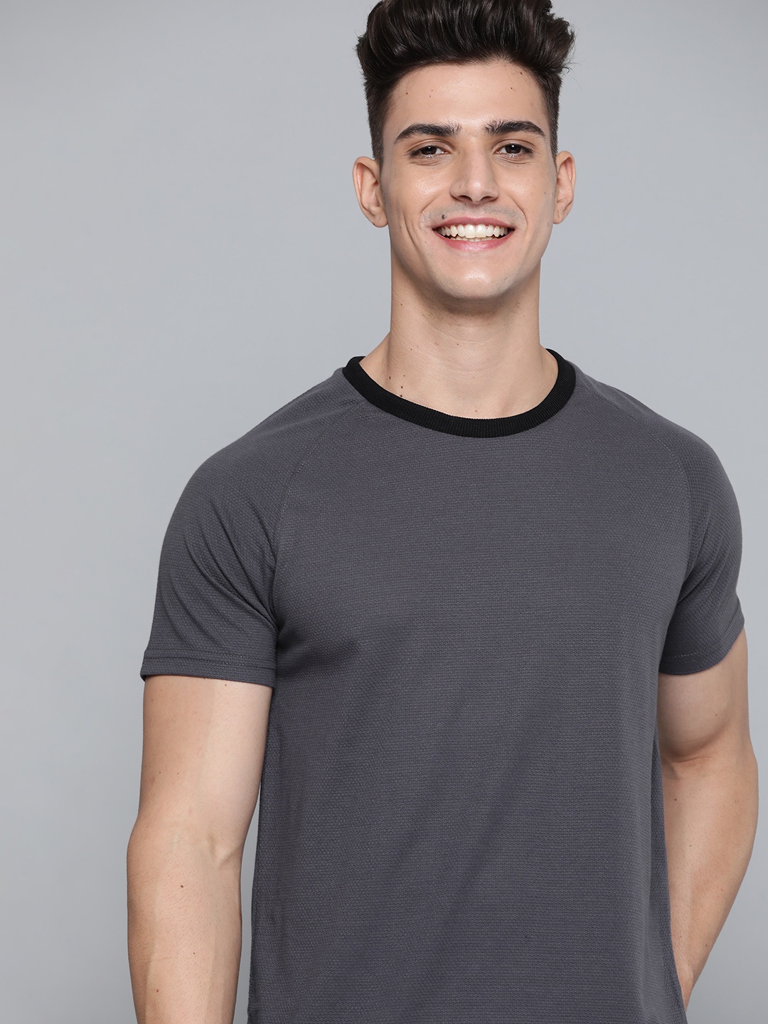 

Mast & Harbour Men Charcoal Grey Self Design Wardrobe Essentials T-shirt