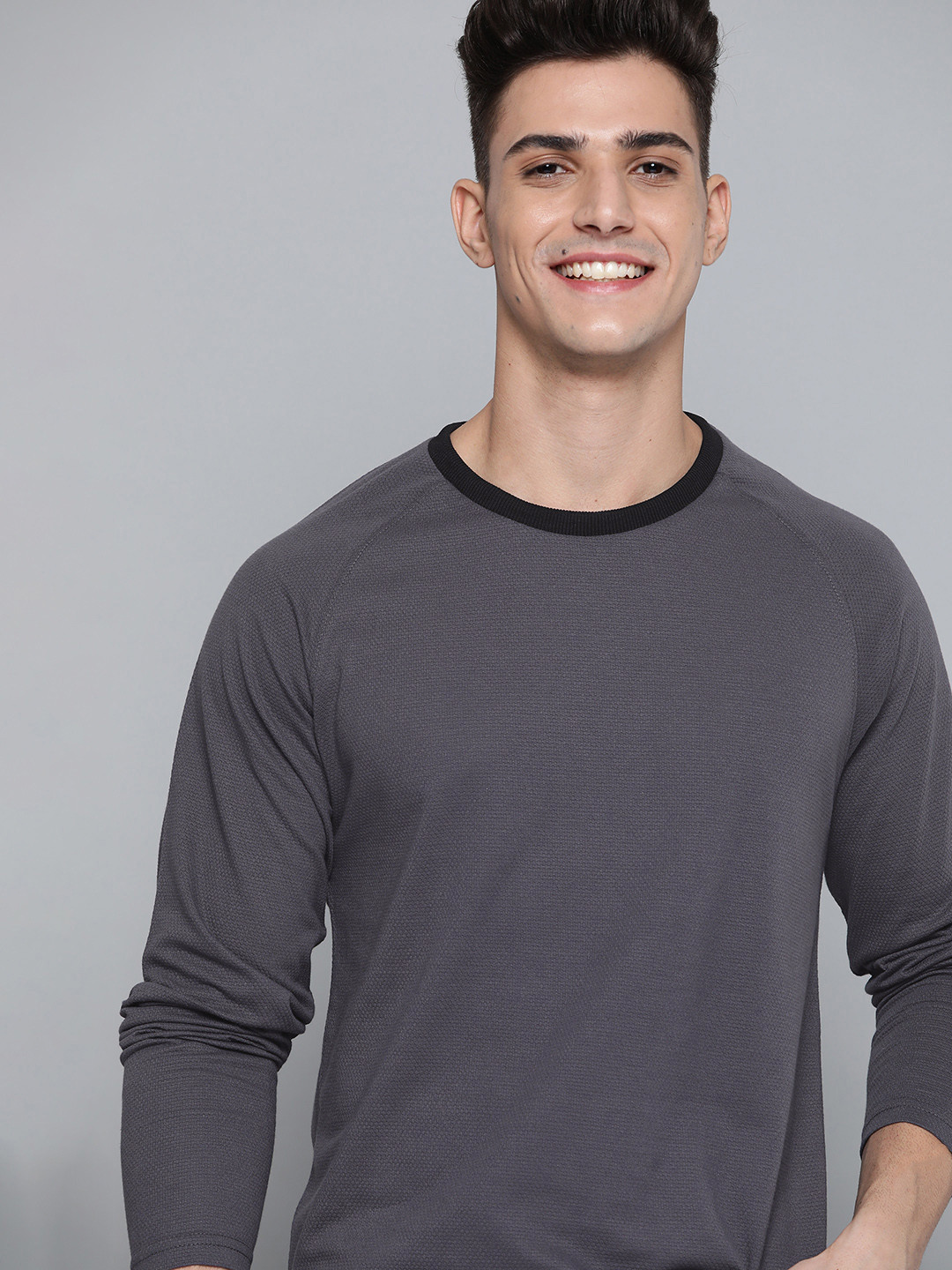 

Mast & Harbour Men Charcoal Grey Self Design Wardrobe Essentials T-shirt
