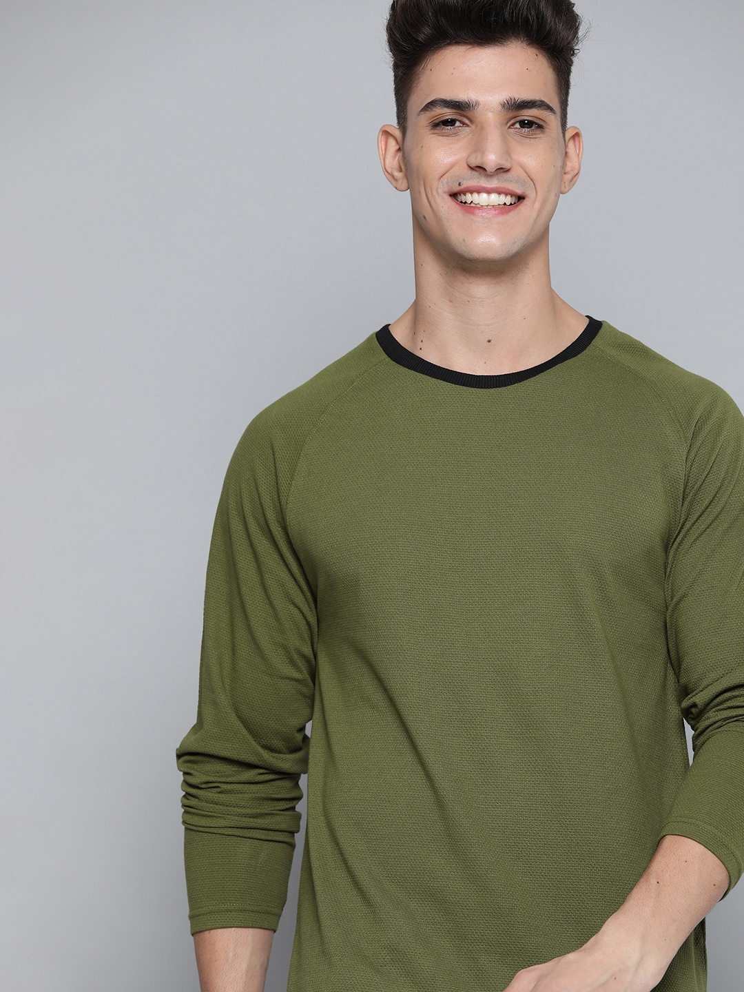 

Mast & Harbour Men Olive Green Self Design Wardrobe Essentials T-shirt