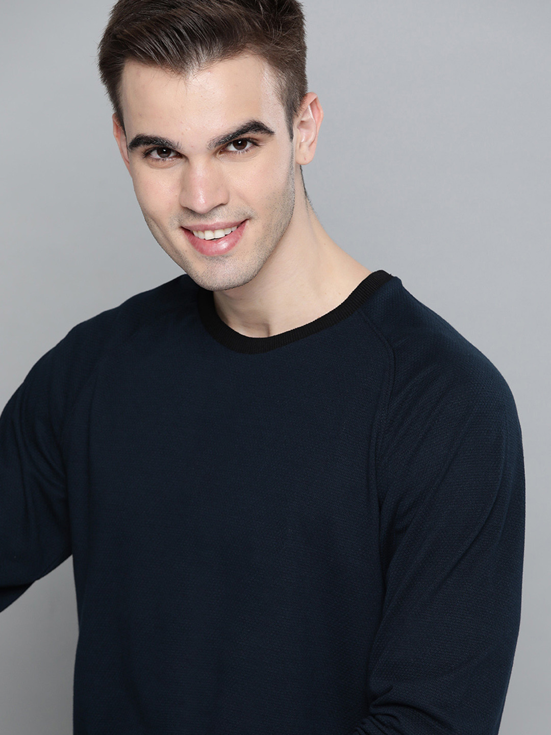 

Mast & Harbour Men Navy Blue Self Design T-shirt