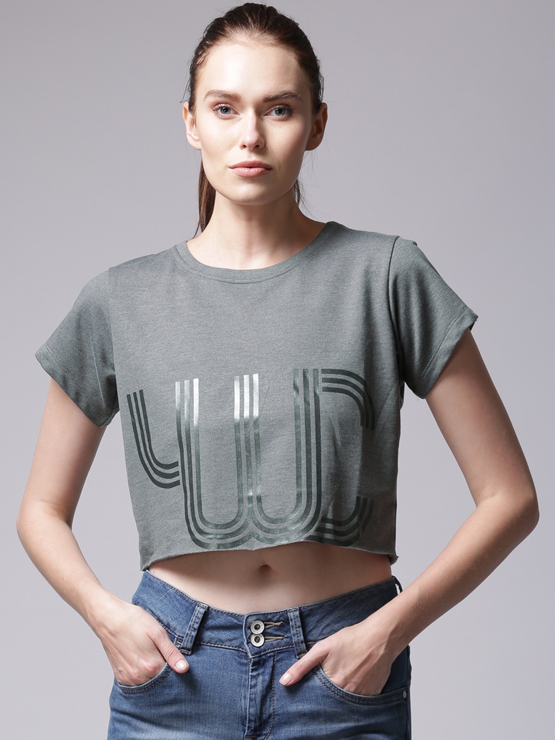 

YWC Women Charcoal Printed Crop Top