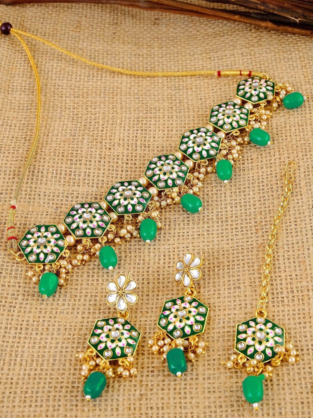 

Crunchy Fashion Gold-Plated White & Green Kundan-Studded & Beaded Meenakari Jewellery Set