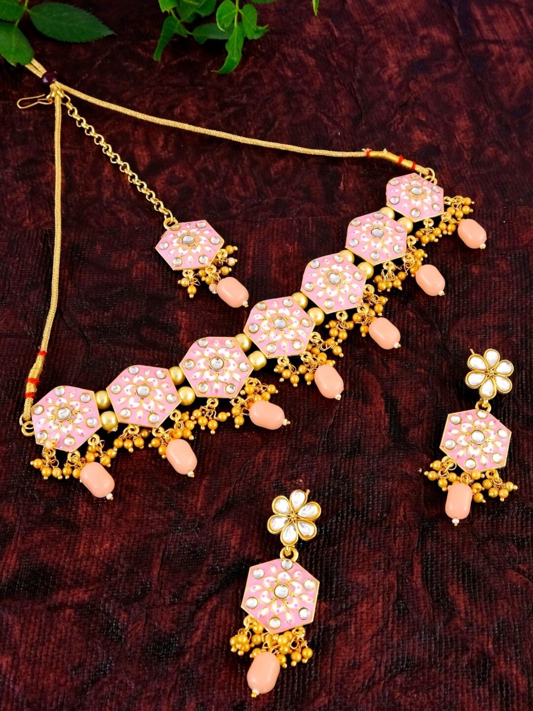 

Crunchy Fashion Gold-Plated Pink & White Kundan-Studded Beaded Meenakari Jewellery Set