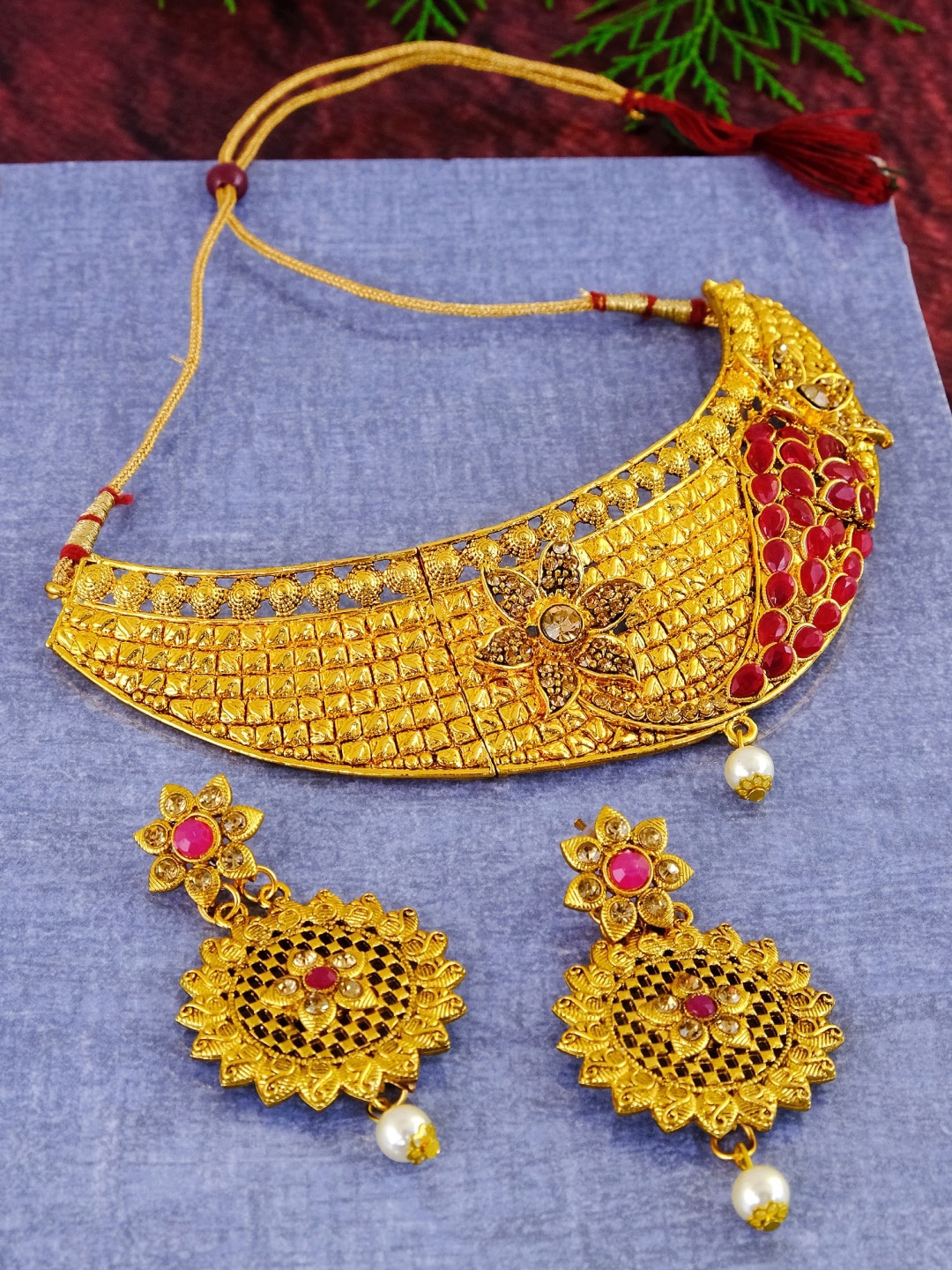 

Crunchy Fashion Gold-Plated Pink & Brown Kundan-Studded Beaded Meenakari Jewellery Set