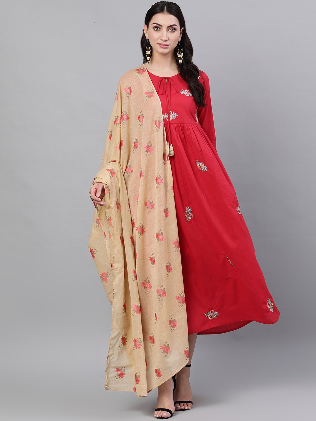 

Nayo Women Red Floral Embroidered Maxi Dress with Dupatta