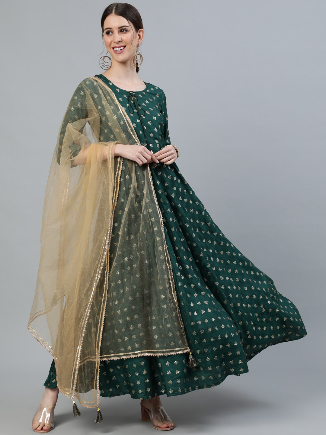 

Nayo Green & Beige Ethnic Motifs Printed Ethnic Maxi Dress with Net Dupatta
