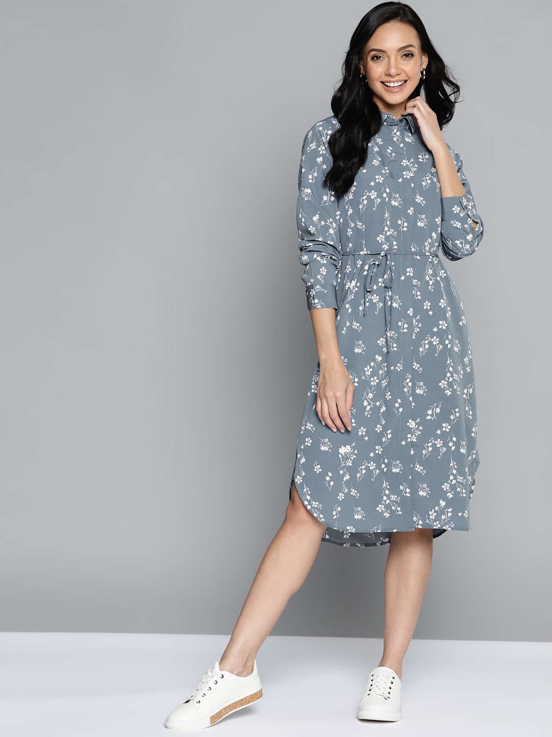 

M&H Our Water Grey & Off-White Sustainable Floral Shirt Midi Dress